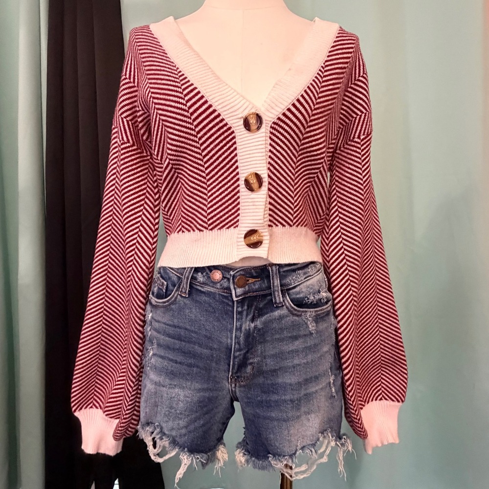 Lulus Burgundy Cream Chevron Balloon Sleeve Cardigan S